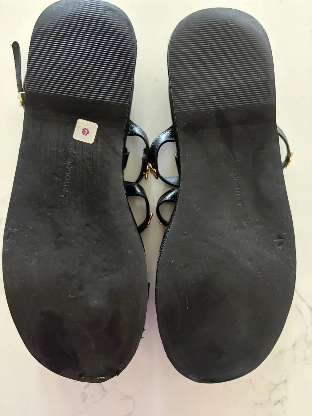 Larroude Black Harmony Sandals with Gold Flower Accents